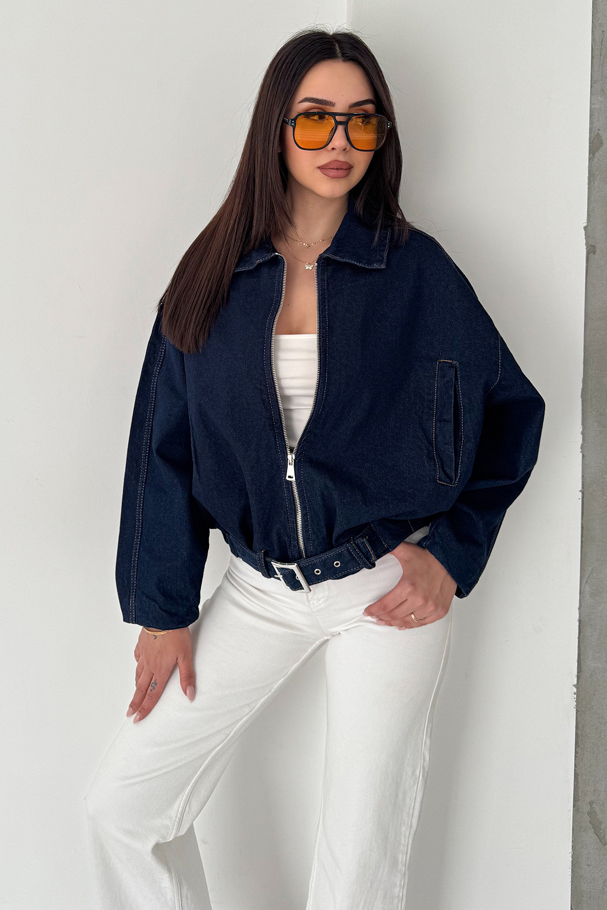 Noa Noa  Kadın Kemer Detaylı Kot Ceket – Oversize Fermuarlı Denim Ceket Lacivert - Görsel 3