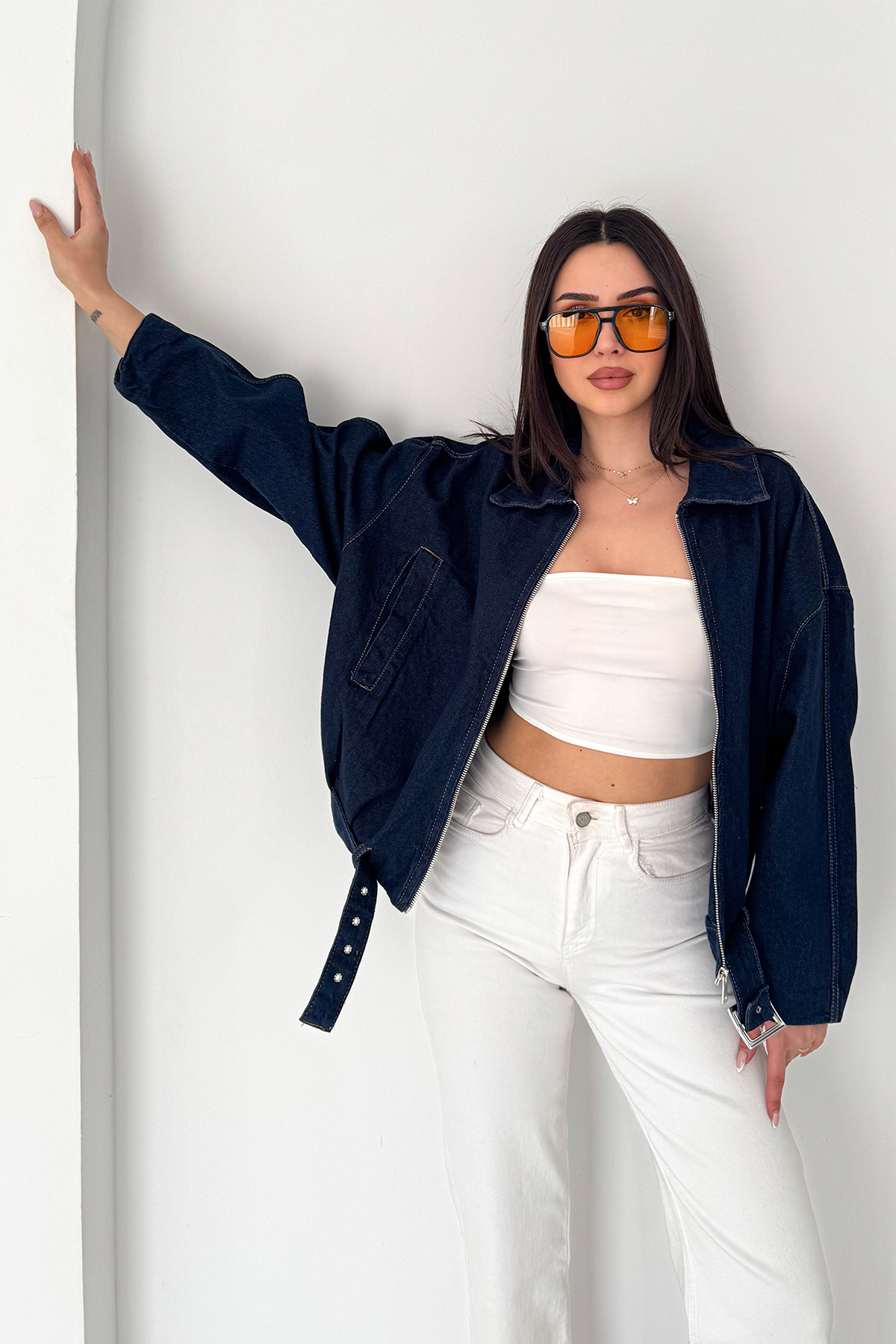 Noa Noa  Kadın Kemer Detaylı Kot Ceket – Oversize Fermuarlı Denim Ceket Lacivert - Görsel 2