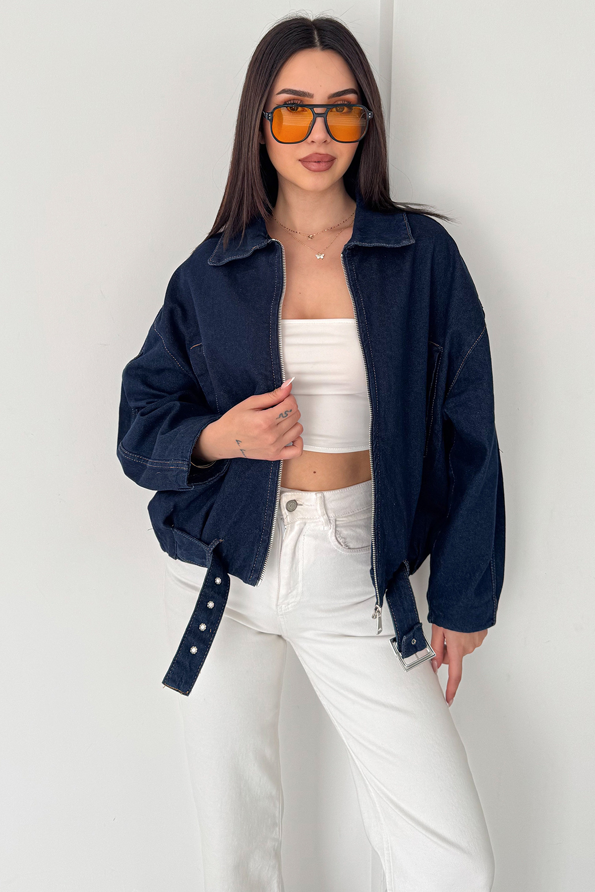 Noa Noa  Kadın Kemer Detaylı Kot Ceket – Oversize Fermuarlı Denim Ceket Lacivert