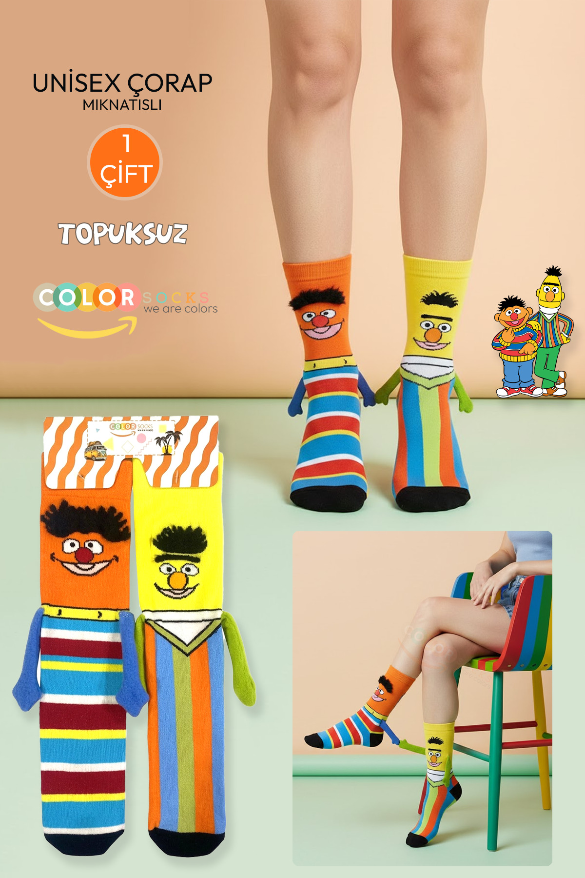 Color Socks 1 Çift Edi İle Büdü Desenli Tüylü Unisex Çorap (Topuksuz) Mıknatıslı El Ele Tutuşan
