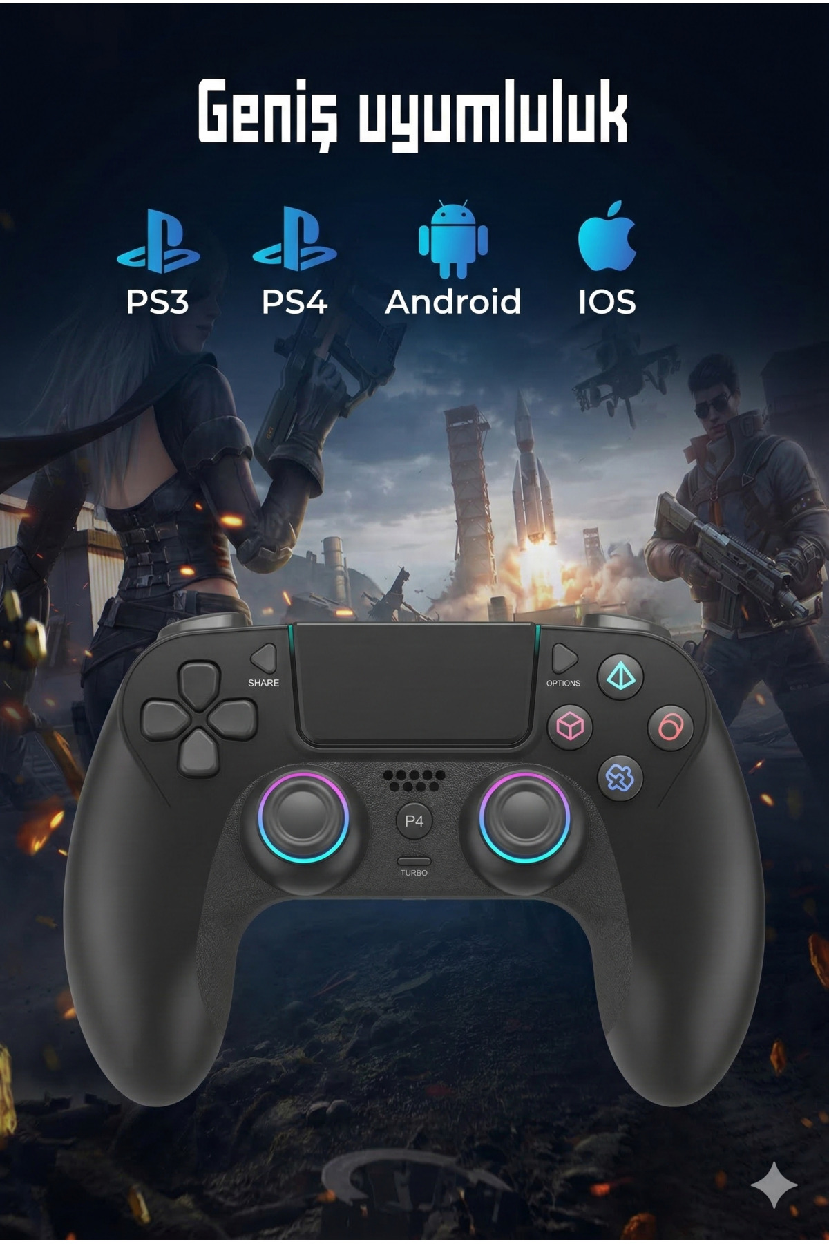 PS3-PS4-Android- IOS Uyumlu Kablosuz Oyun Kolu - Çift Titreşimli ve Dokunmatik - Bluetooth Joystick