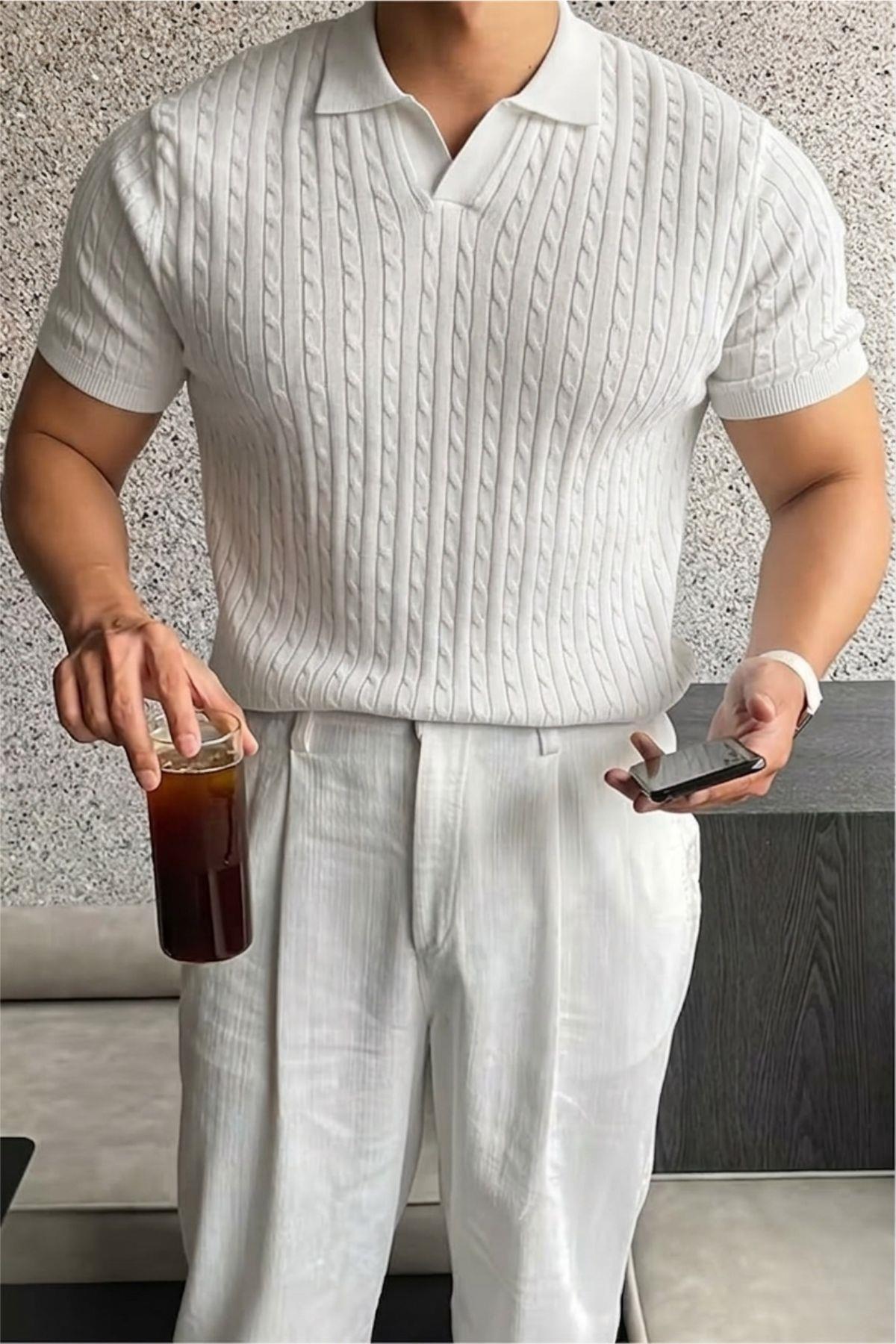 Italian Style V-Neck Hair Weave Detailed Slim Fit Knitwear Men's Polo T-Shirt