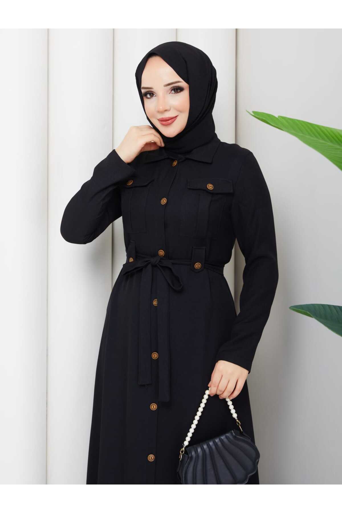 NURSİDA Sofia Linen Belted Buttoned Dress - Safari Style Pocketed Hijab Dress