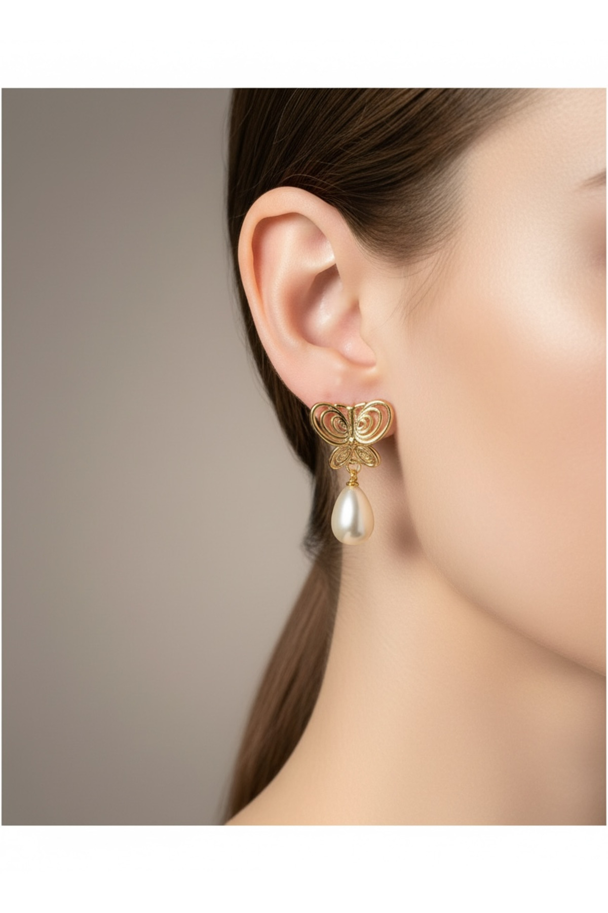Pearl Drop Detailed Innocence Museum Füsun Butterfly Earrings 14 K Gold Plated