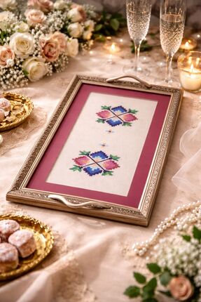 LZ STUDİO El Yapımı Etnik Desenli Etamin Kanaviçe Söz & Nişan Tepsisi (30x40 cm)