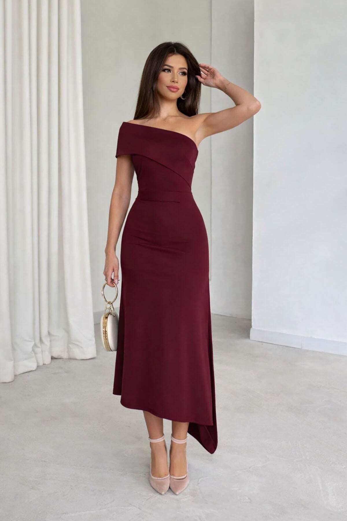 Burgundy Collar and Skirt Asymmetrical Detail Crepe Fabric Midi Size Dress