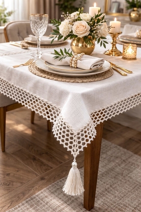 Zeria Home Kenar Dantel Desenli Şık Masa Örtüsü & Krem Rengi Masa Örtüsü Kena...