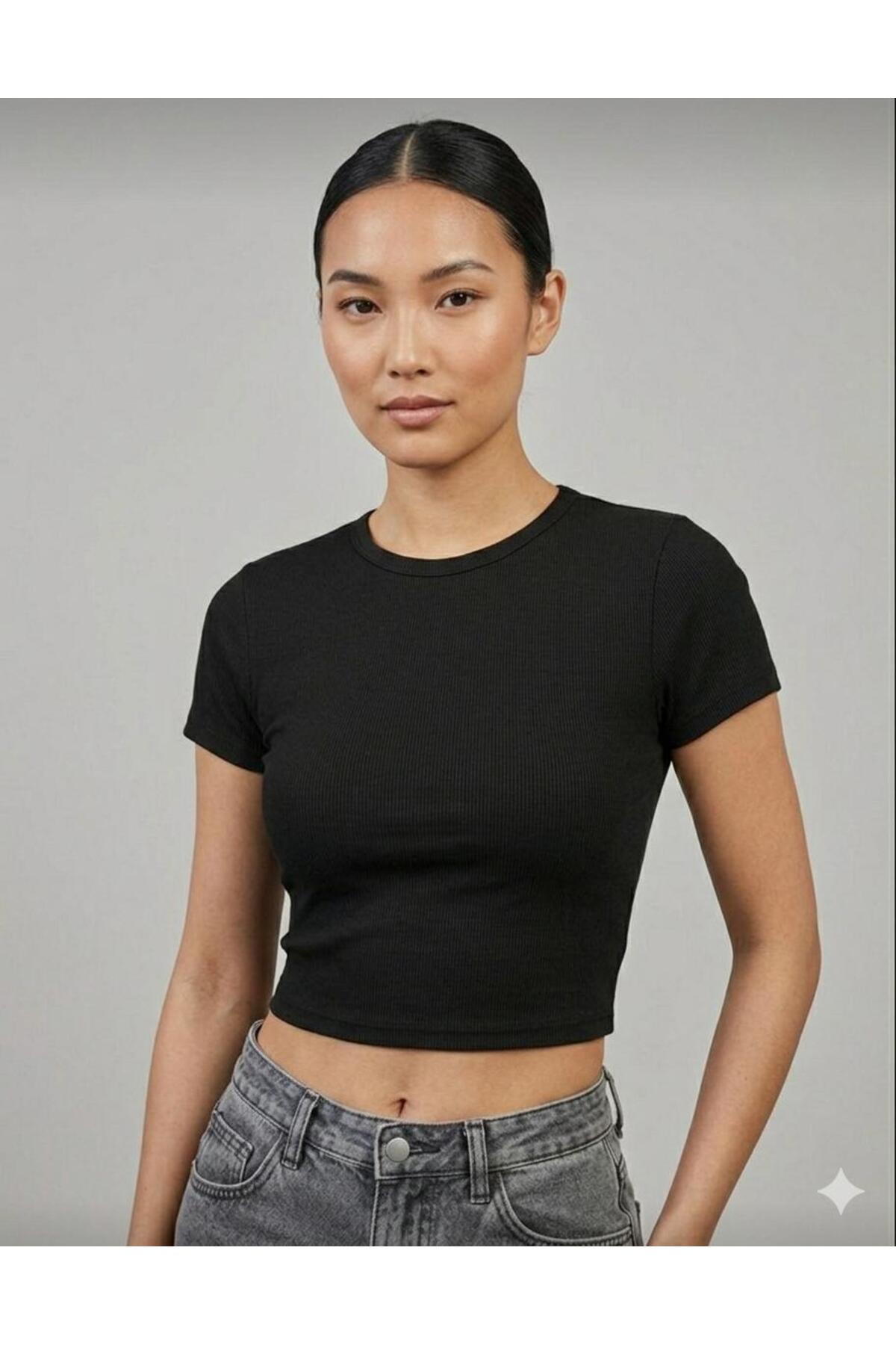 MİLYA&GYM  Kadın 4'lü Paket Fitilli Kaşkorse Pamuklu Vücuda Yapışan Bisiklet Yaka T-SHİRT-ATLET Set Crop Bluz - Görsel 5