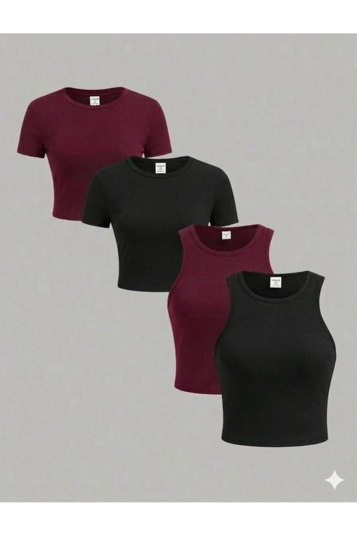 MİLYA&GYM  Kadın 4'lü Paket Fitilli Kaşkorse Pamuklu Vücuda Yapışan Bisiklet Yaka T-SHİRT-ATLET Set Crop Bluz