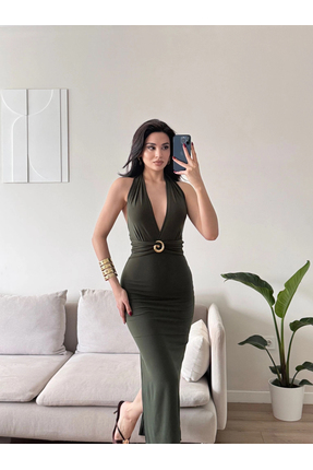 Zoom Butik Boyun Bağlamalı Tokalı Uzun Elbise -HAKİ