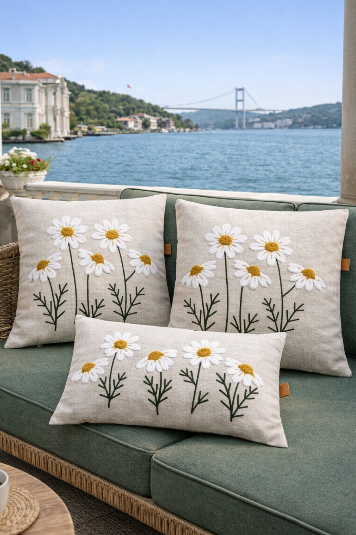 Modern Tufting Punch Embroidery Linen Blend Daisy Pattern 3-Piece Pillowcase Set