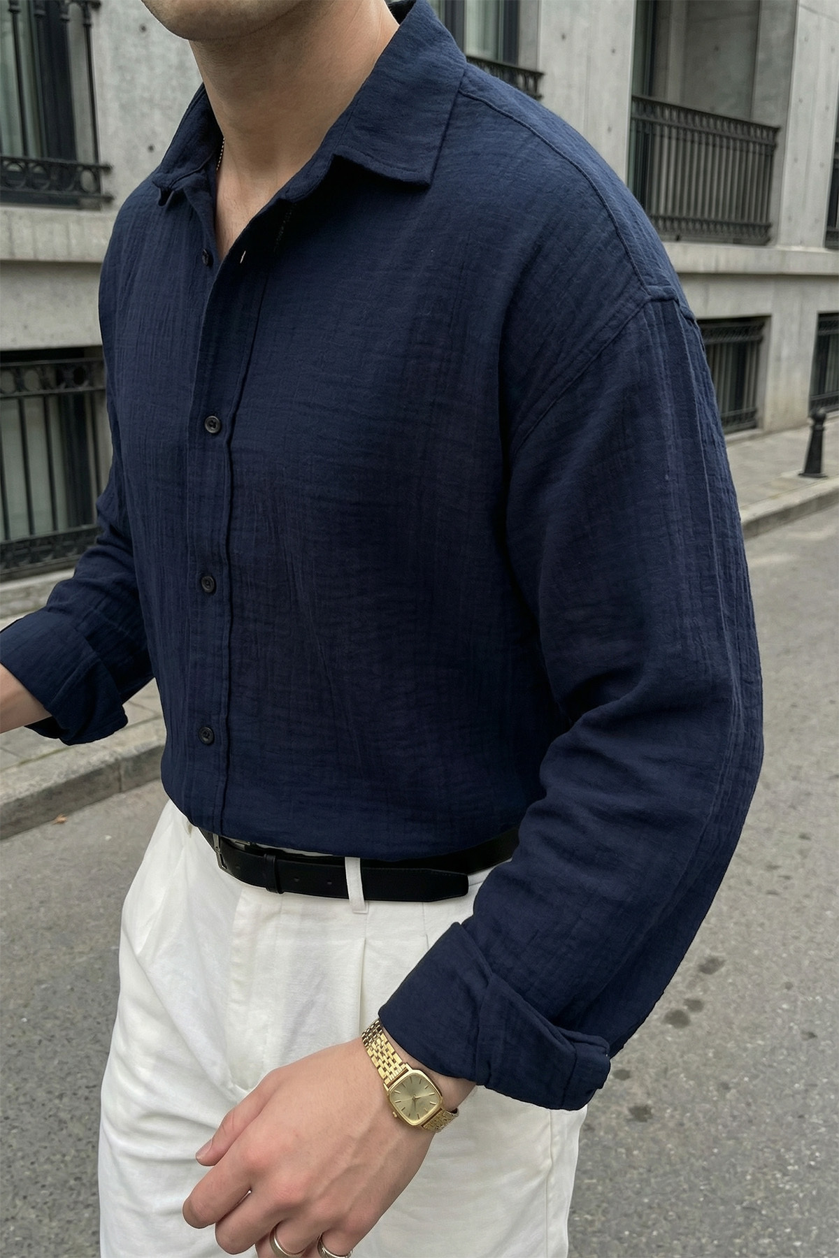 Livio Ferri  Yurin Erkek Premium Müslin %100 Pamuk Oversize Uzun Kollu Gömlek - Görsel 6