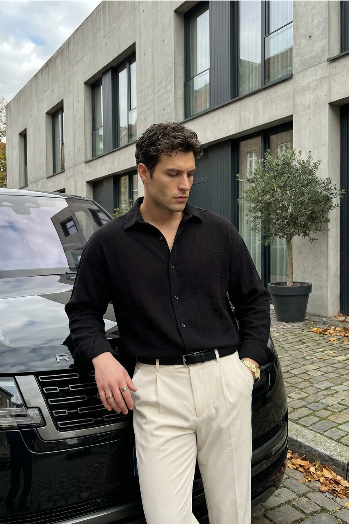 Livio Ferri  Yurin Erkek Premium Müslin %100 Pamuk Oversize Uzun Kollu Gömlek