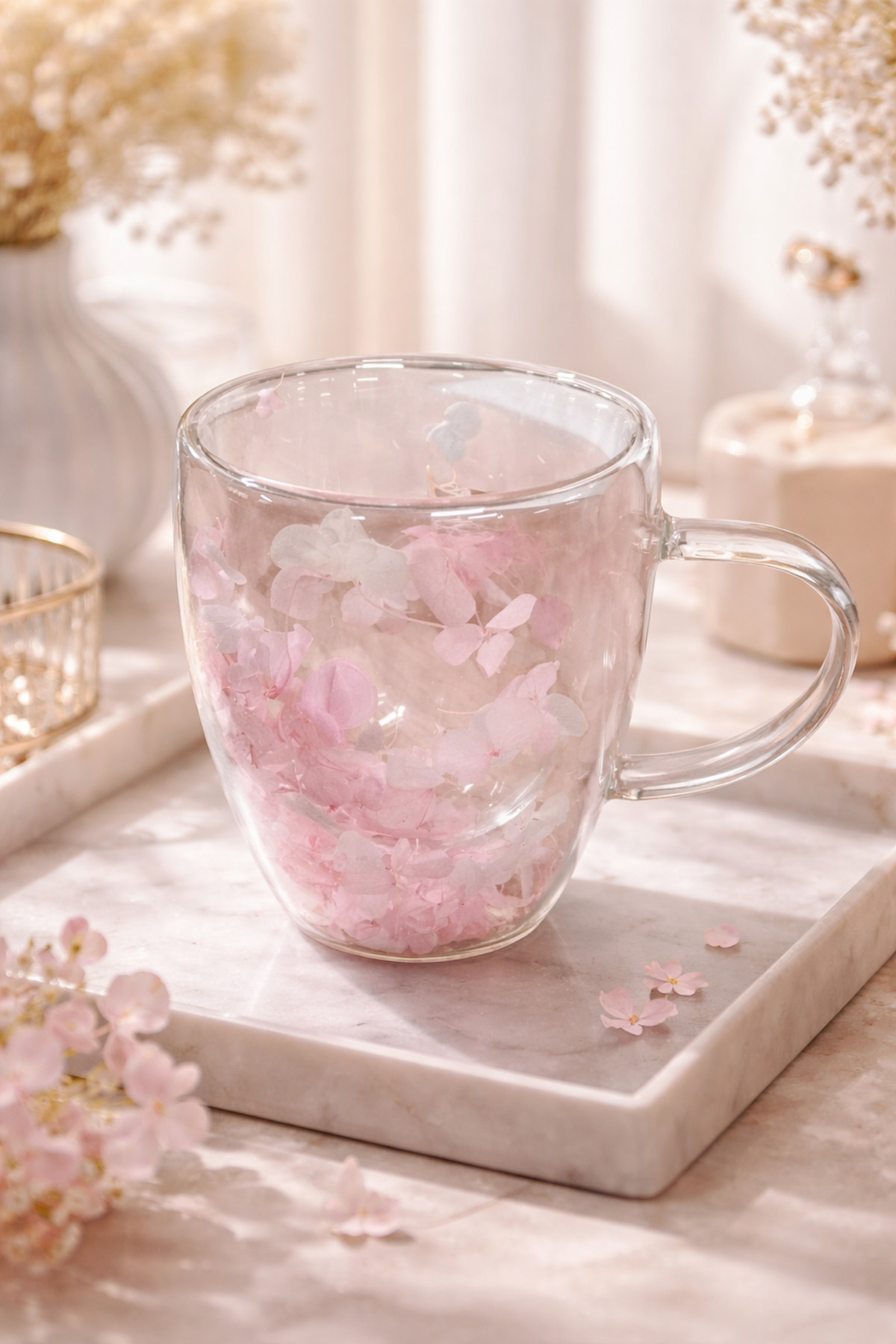 Pink White Flower Double Wall Glass Mug, 350 ml, 11 cm x 8 cm