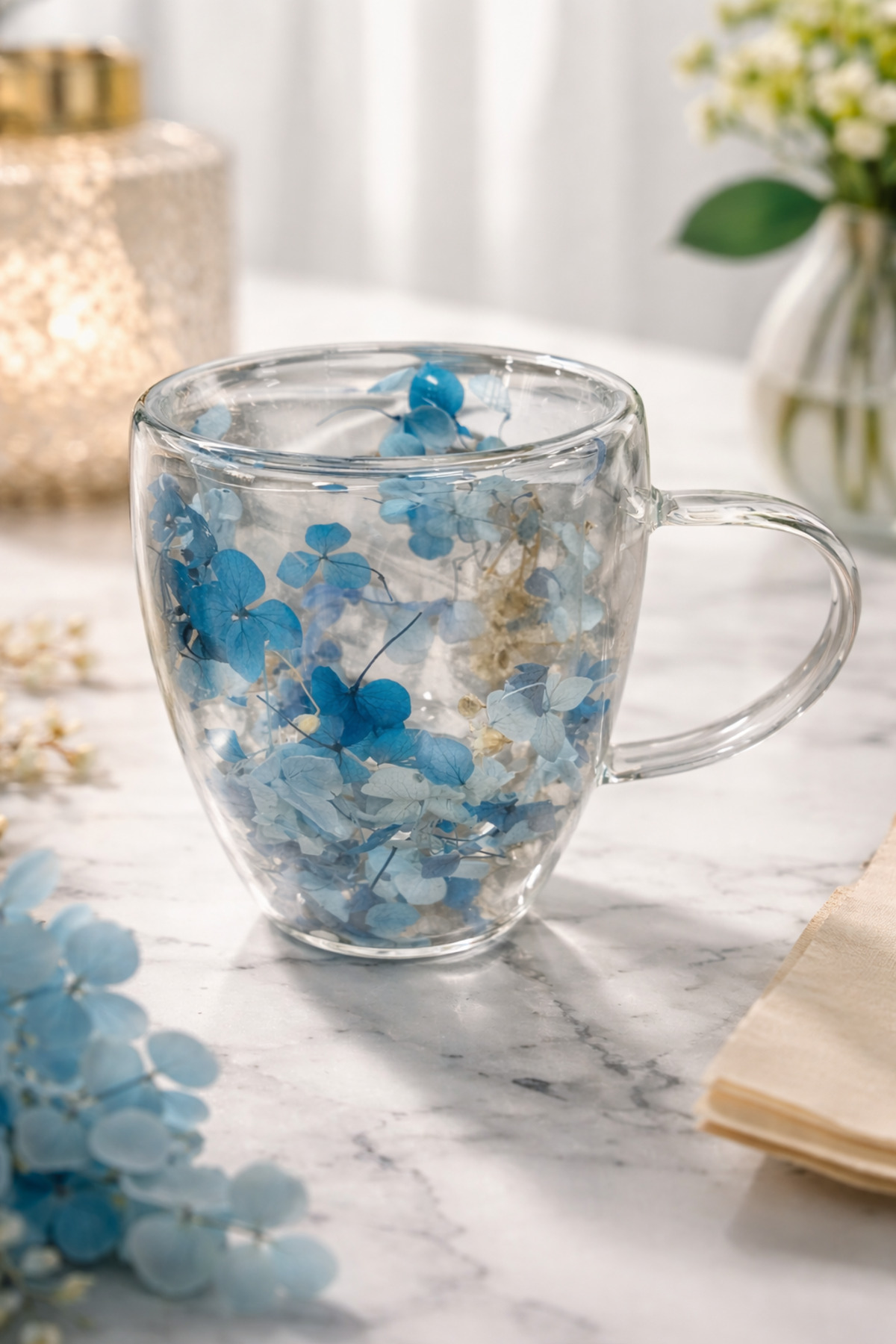 Double Wall Glass Mug with Blue Flowers, 350 ml, 11 cm x 8 cm