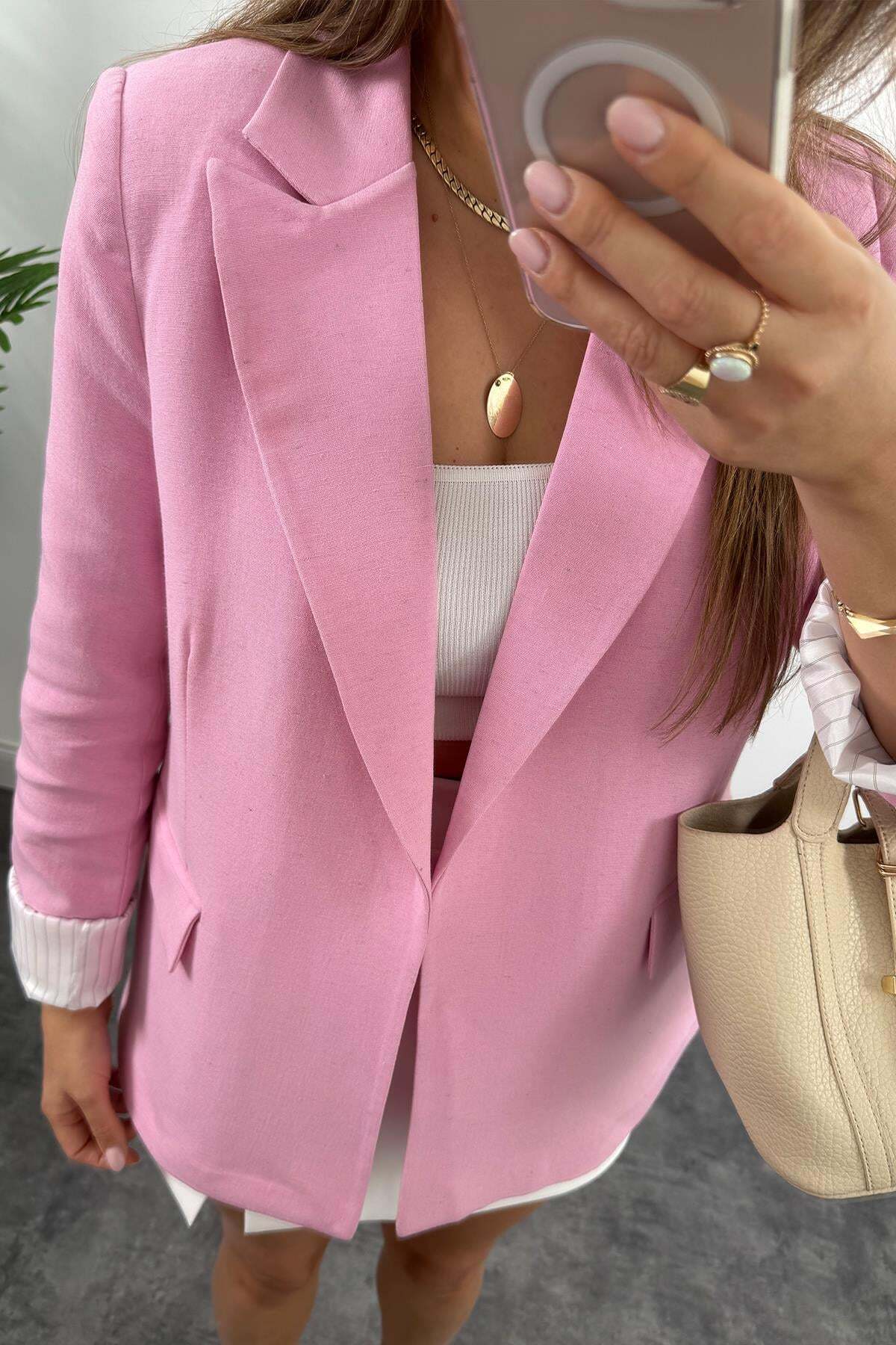 My Blog  Pembe Çizgili Astarlı Keten Blazer Ceket - 9158 - Görsel 5