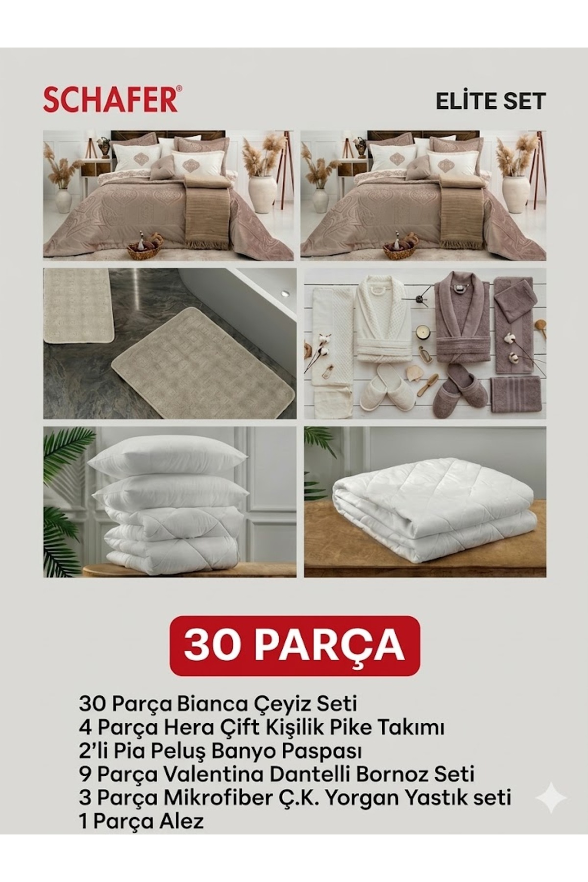 SCHAFER HOME Anna 30 Parça Çeyiz Seti Bornoz Pike Takımı Yorgan