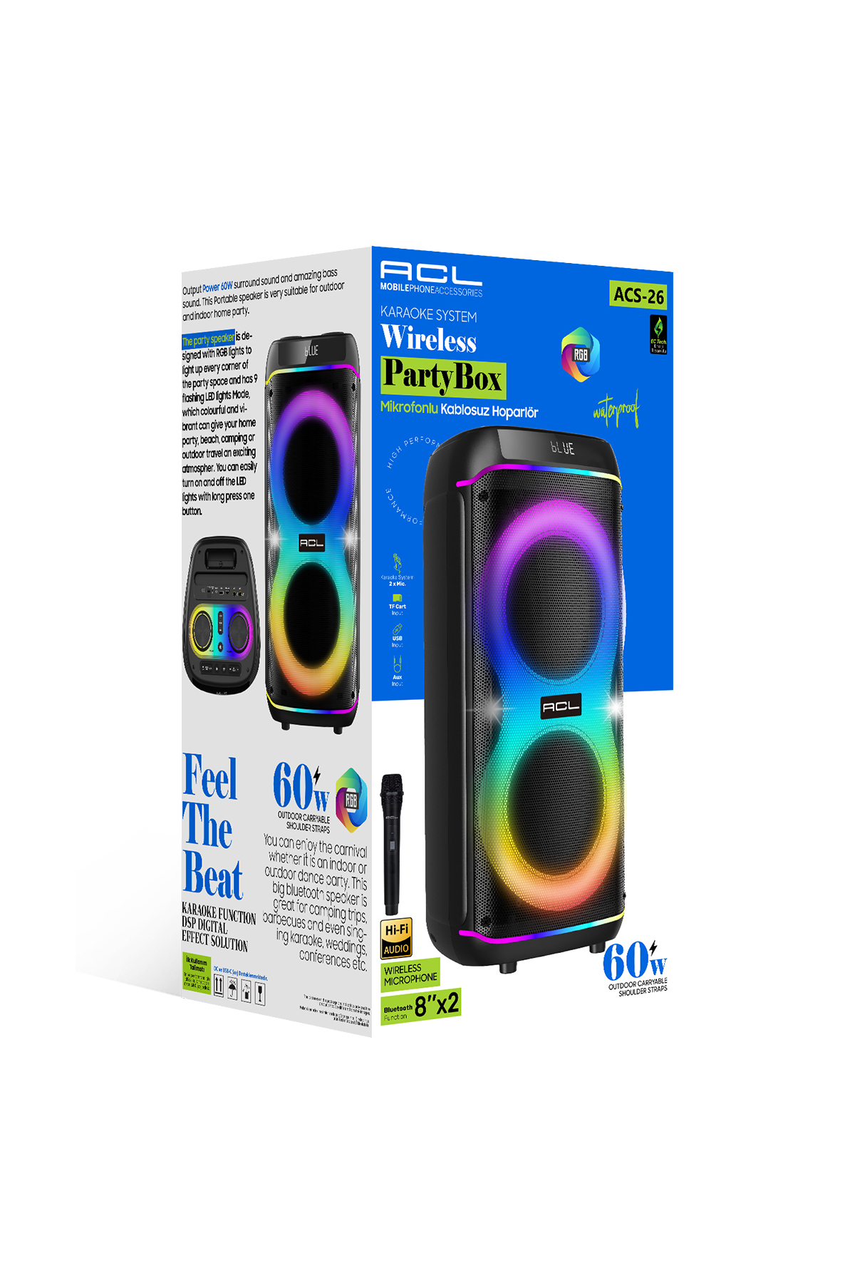 ACL ACS-26 60W Çift 8 İnç RGB Işıklı Kablosuz Parti Hoparlörü – Su