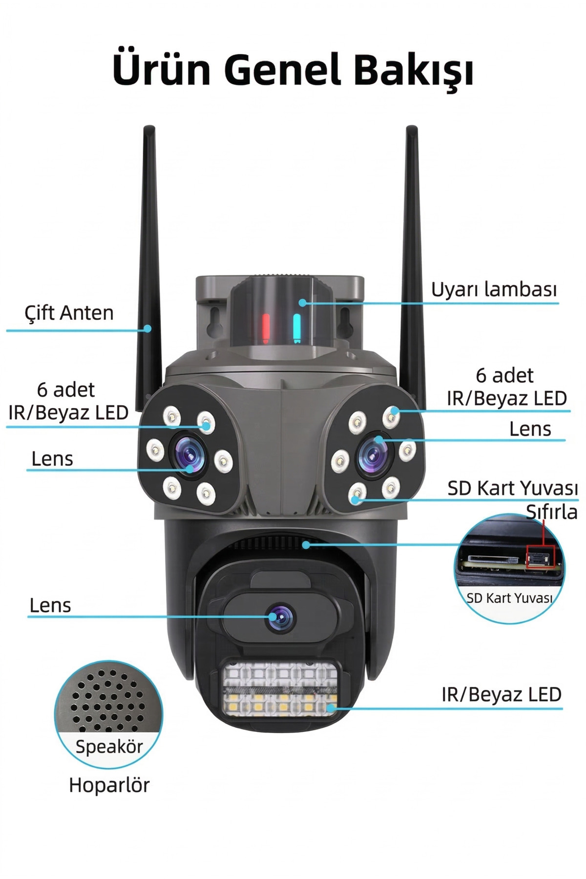 3 Lensli 9MP Ultra HD Wi-Fi Dış Mekan Güvenlik Kamerası - ICSee Uygulama Destekli, 4K Gece Görüşlü