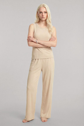 Akbeniz Bisiklet Yaka Kolsuz Yumuşak Dokulu Pijama Takımı Bej