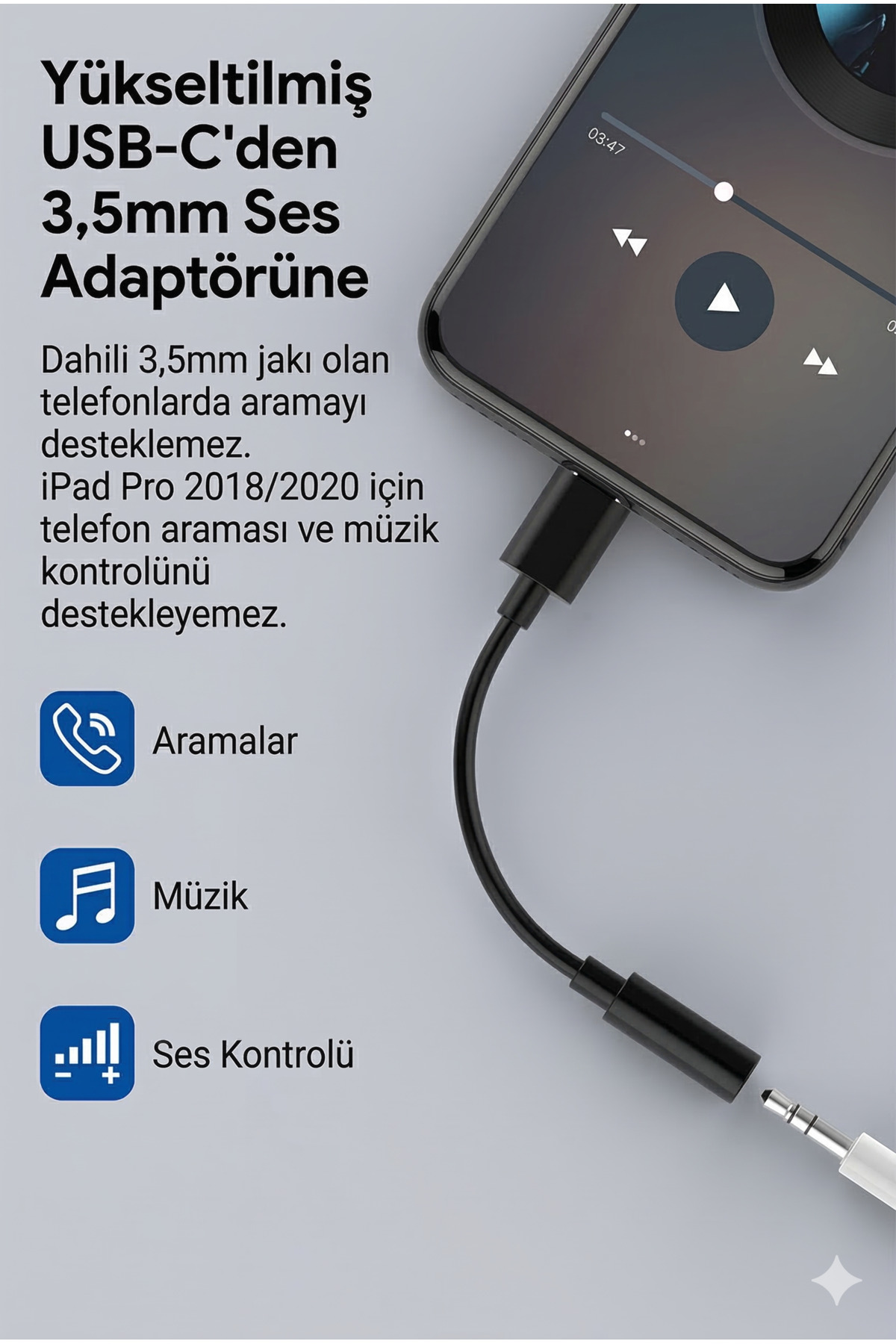 Dijital DAC Çipli Type-C to 3.5mm Aux Kulaklık Dönüştürücü Adaptör - iPhone 15/16 ve Samsung Uyumlu