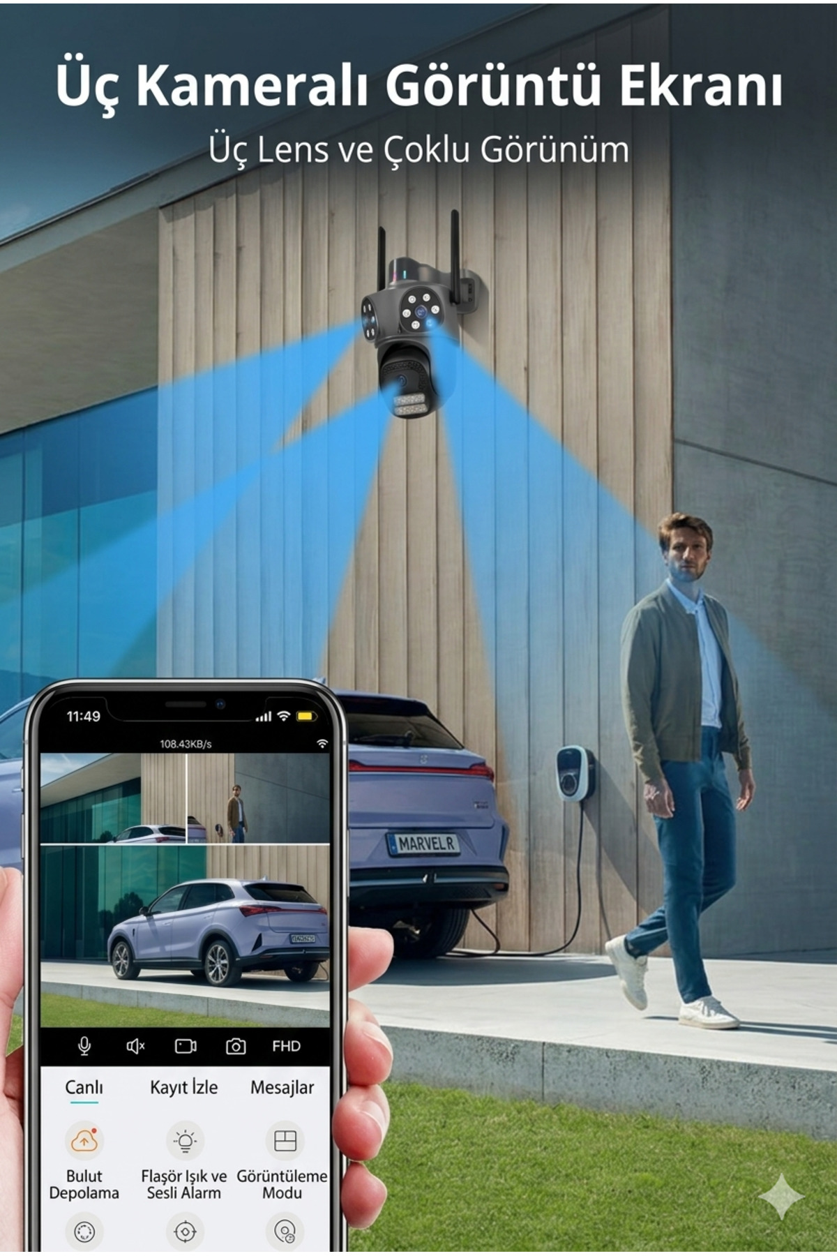 3 Lensli 9MP Ultra HD Wi-Fi Dış Mekan Güvenlik Kamerası - ICSee Uygulama Destekli, 4K Gece Görüşlü