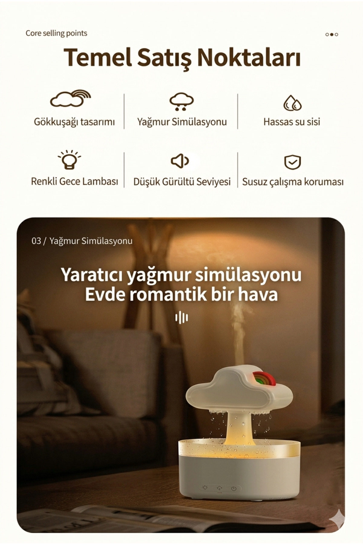 Yağmur Bulutu Hava Nemlendirici ve Aromaterapi Difüzörü - Gökkuşağı Renkli Gece Lambası