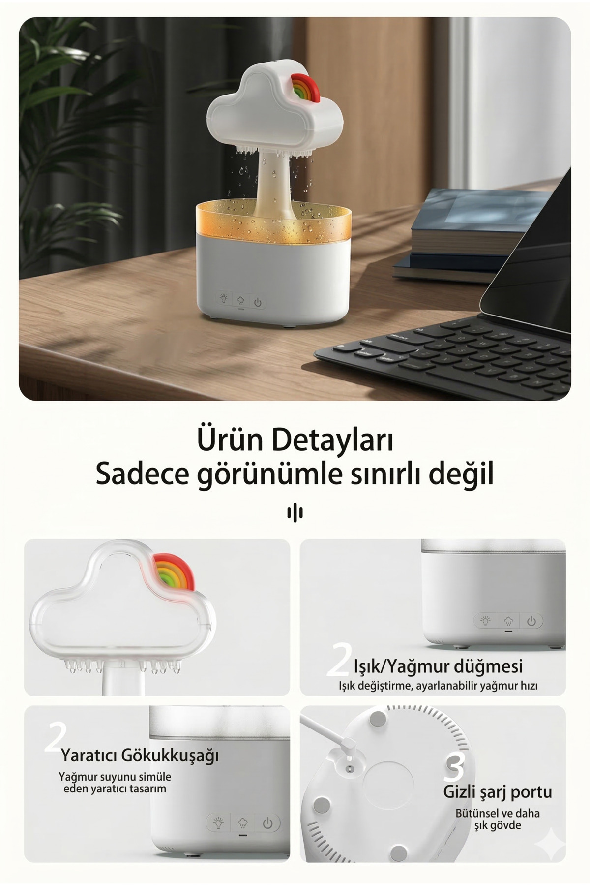 Yağmur Bulutu Hava Nemlendirici ve Aromaterapi Difüzörü - Gökkuşağı Renkli Gece Lambası