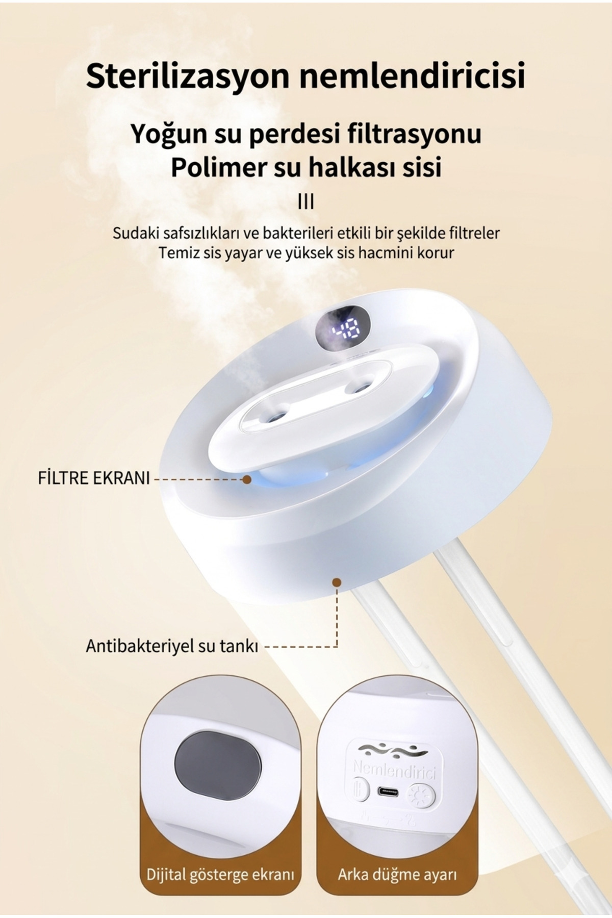 2000ml Dev Kapasiteli Çift Püskürtmeli Hava Nemlendirici - 2 Litre Masaüstü Buhar Makinesi