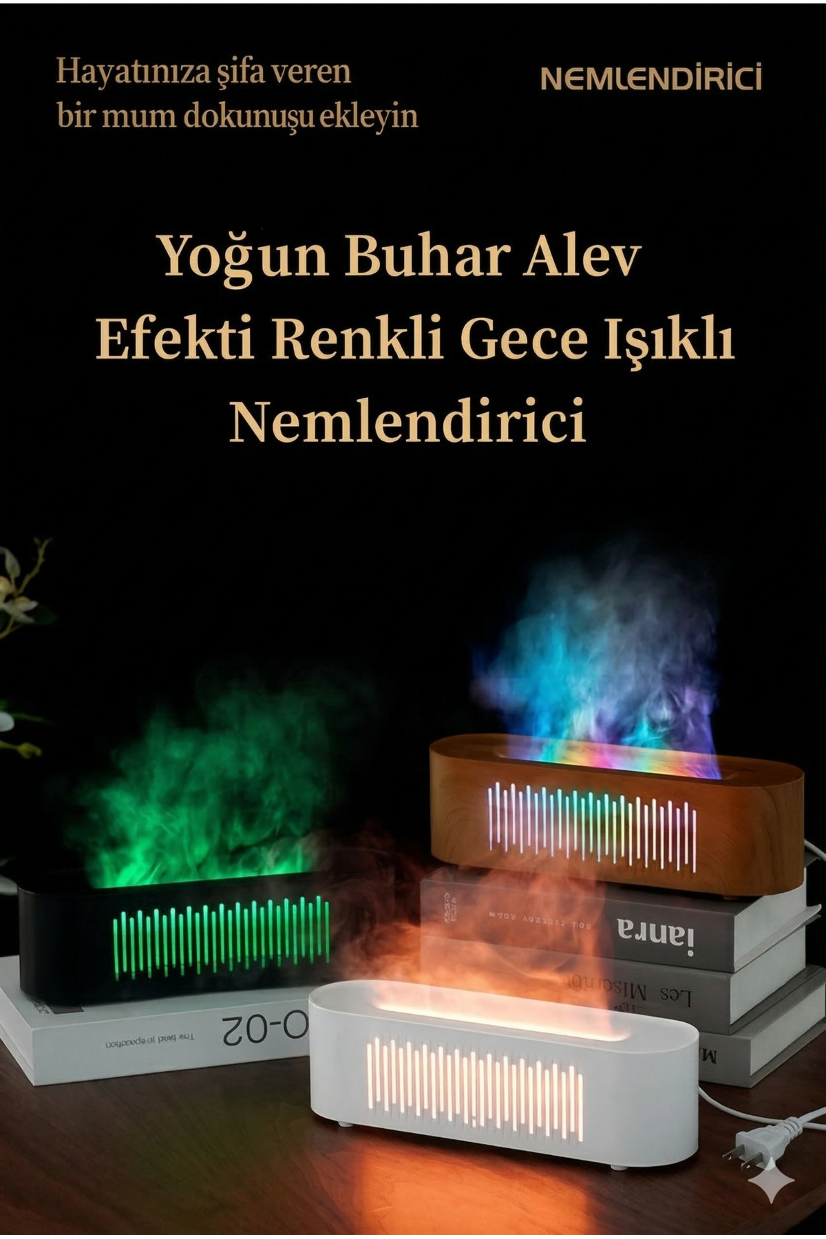 Alev Efektli Ultrasonik Hava Nemlendirici - Büyük Buhar Kapasiteli Aromaterapi Difüzörü ve 7 Renkli