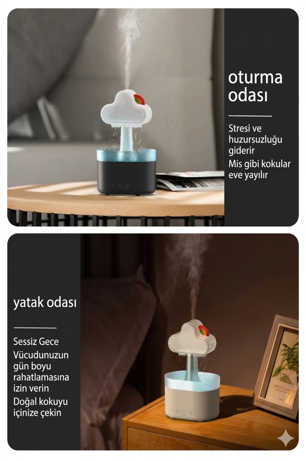Yağmur Bulutu Hava Nemlendirici ve Aromaterapi Difüzörü - Gökkuşağı Renkli Gece Lambası
