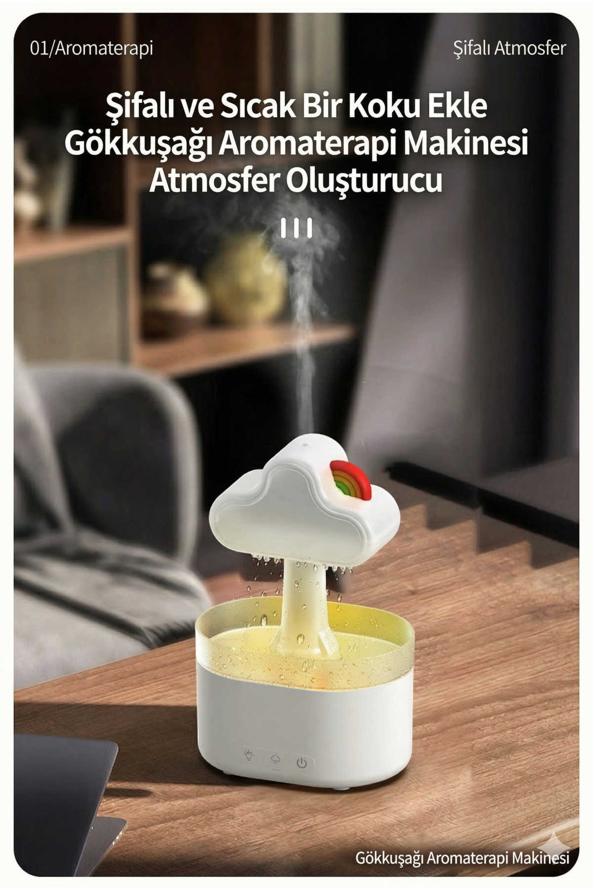 Yağmur Bulutu Hava Nemlendirici ve Aromaterapi Difüzörü - Gökkuşağı Renkli Gece Lambası