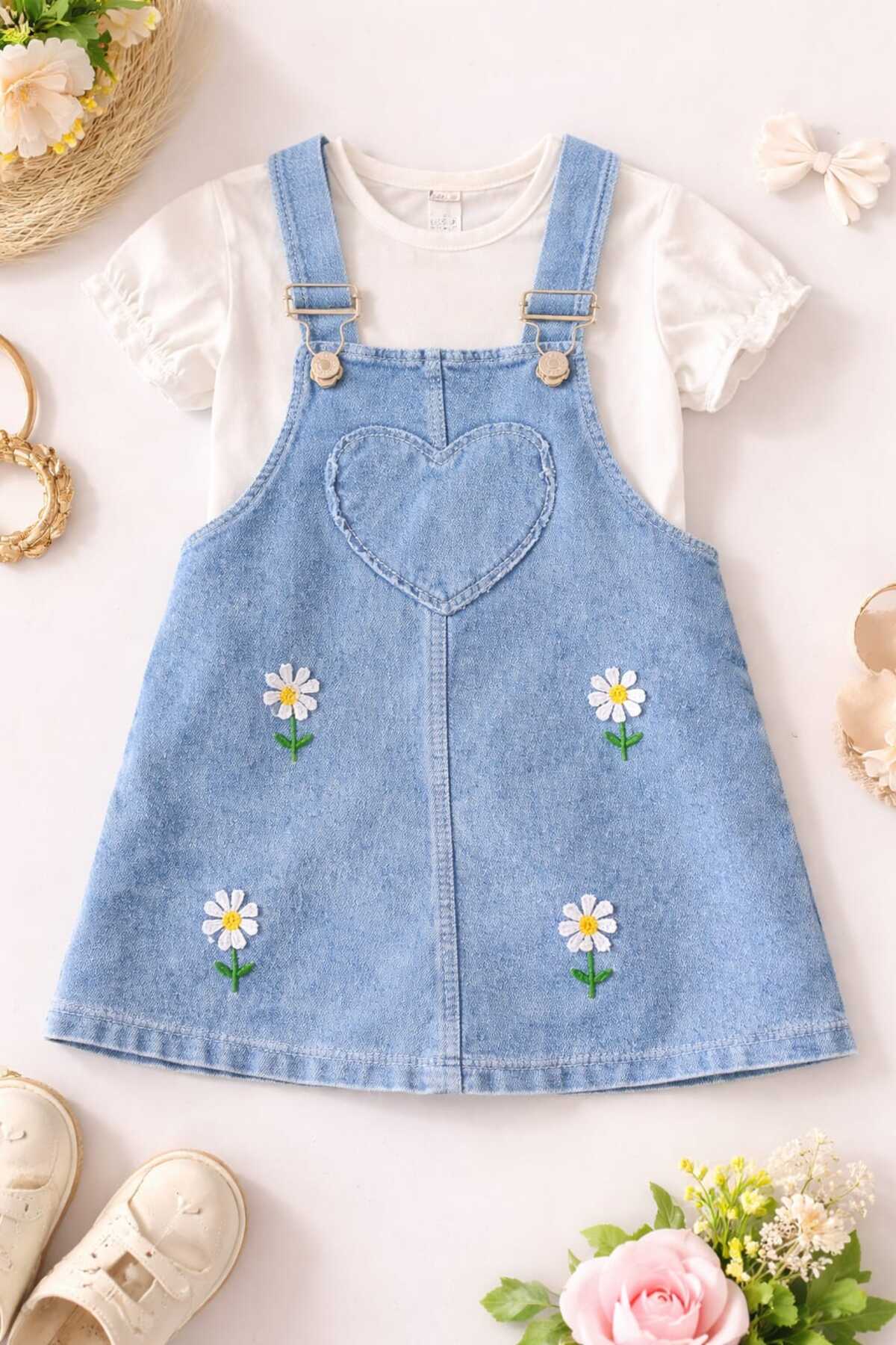 BEBEXO KIDS Kız Bebek Salopet Papatya Nakışlı Kot Jile ve Bluz Takım/Bayramlık Elbise 6-9/9-12/12-18/18-24 AY fotoğrafı 3 (önizleme)