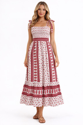 YOU Bohem Desenli Askılı Midi Elbise – Gipeli Üst Detaylı