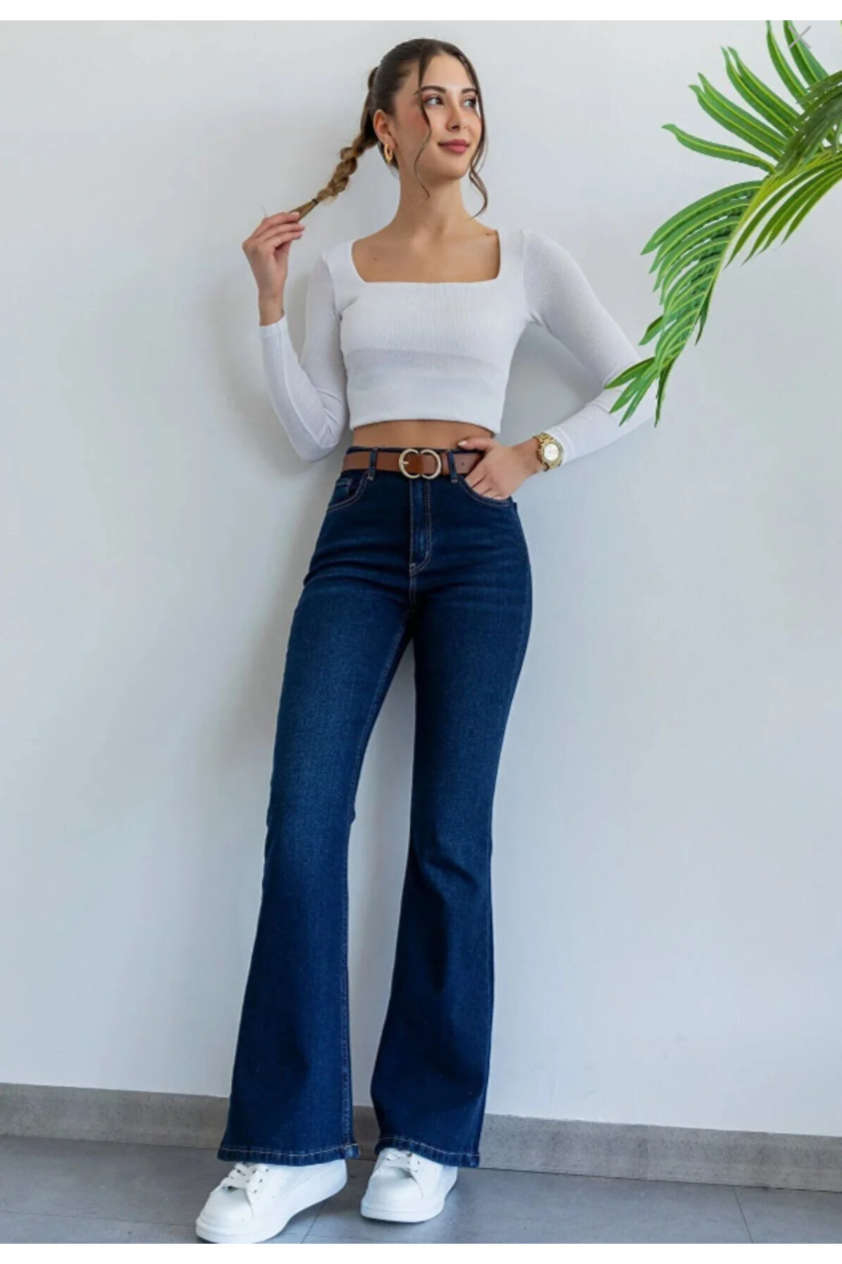 SANTA BELLA  Dodge Koyu Mavi Taşlamalı İspanyol Paça Jean Flare Kadın Solmaz Power Likra Toparlayıcı Kot Pantolon