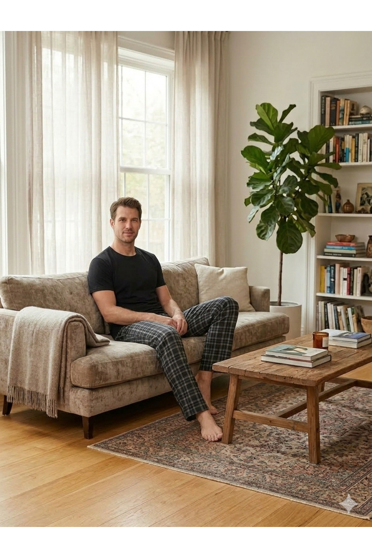 PİJART  Erkek Siyah Ekose Kısa Kollu Pijama Takımı - Görsel 2