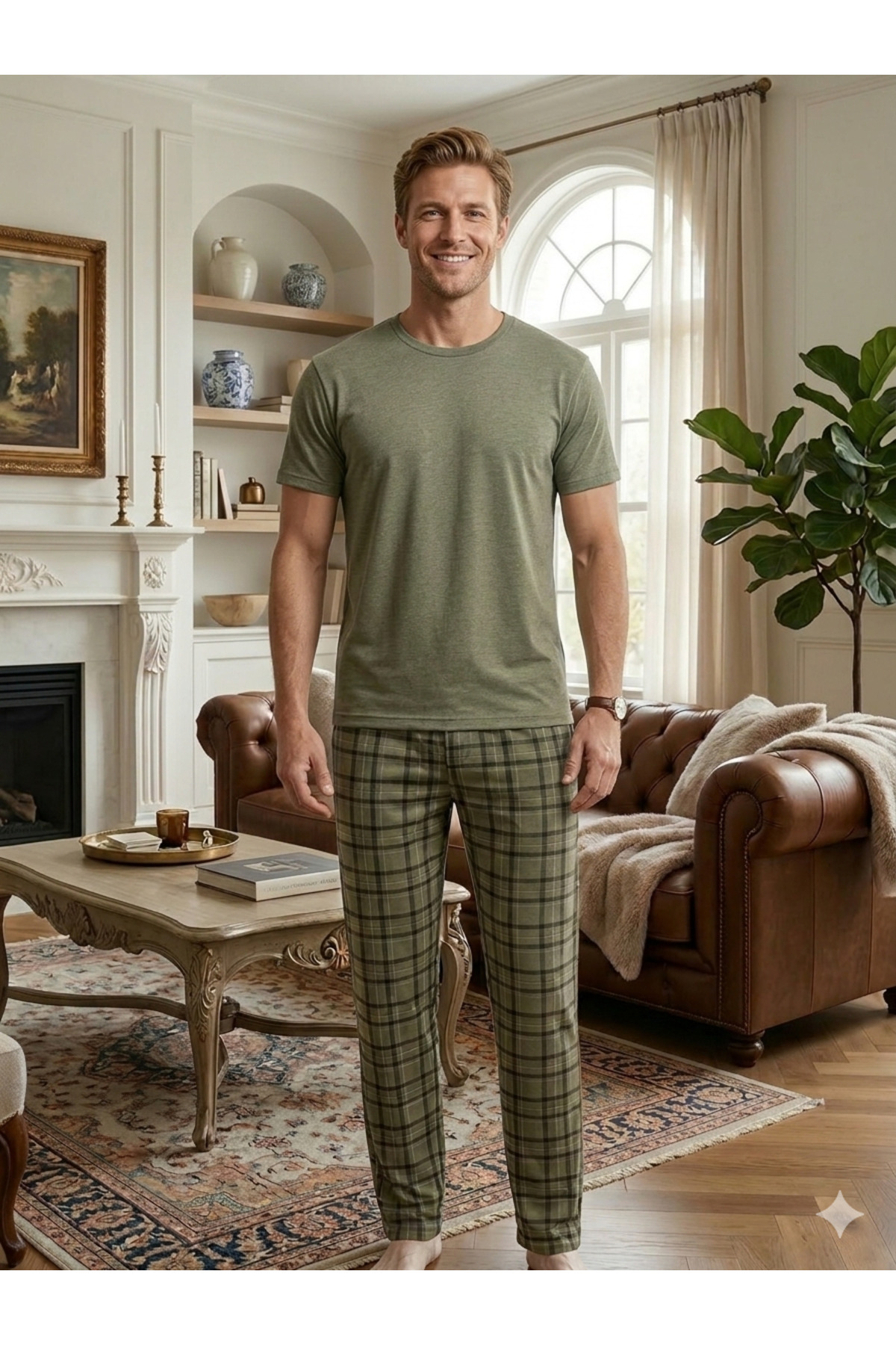 PİJART  Erkek Haki Ekose Kısa Kollu Pamuklu Pijama Takımı