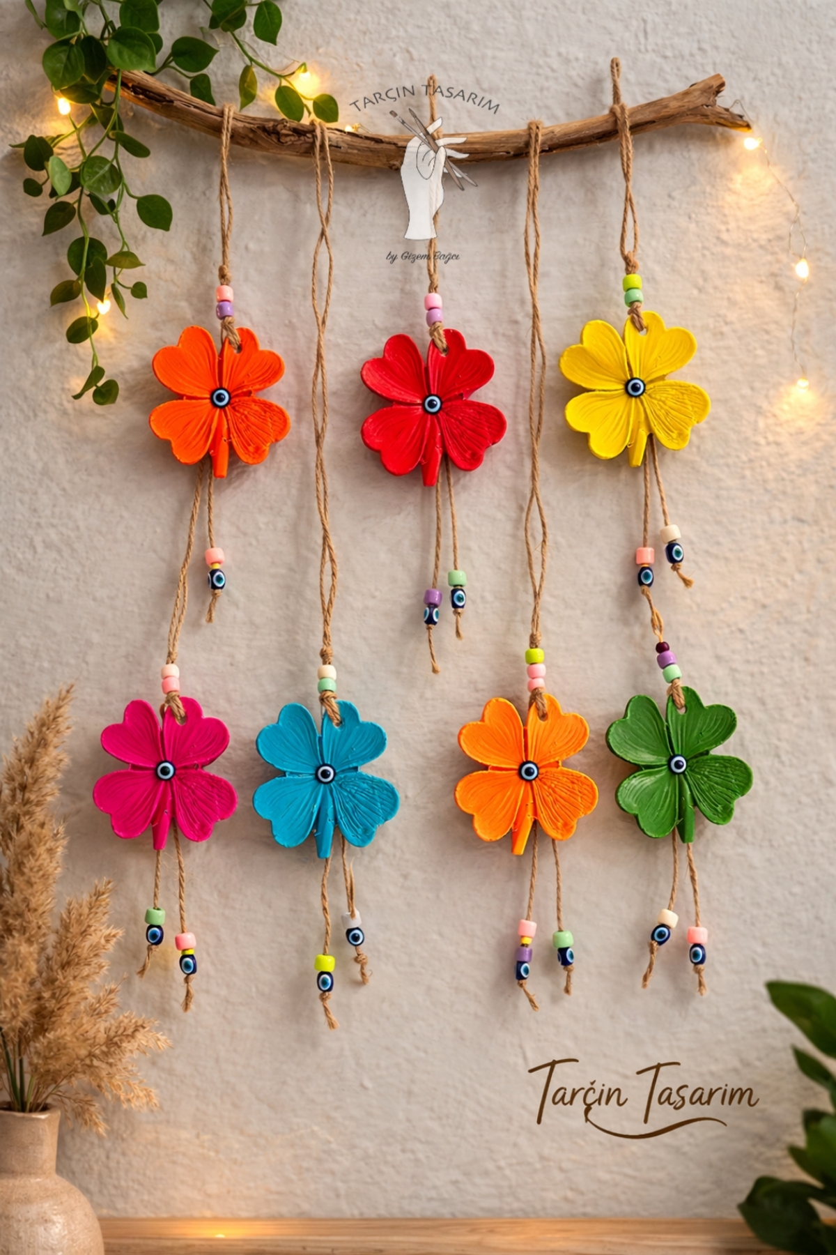 Handmade Evil Eye Beaded Clover Wall Ornament Set of 7, Colorful Decorative Wall Accessory, Boho Home Decor