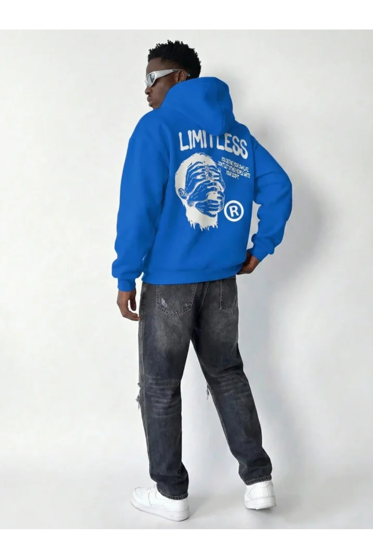 Erkek Premium Baskılı Kapşonlu Sweatshirt Üç İplik İçi Pamuklu Kanguru Cepli - Saks Mav