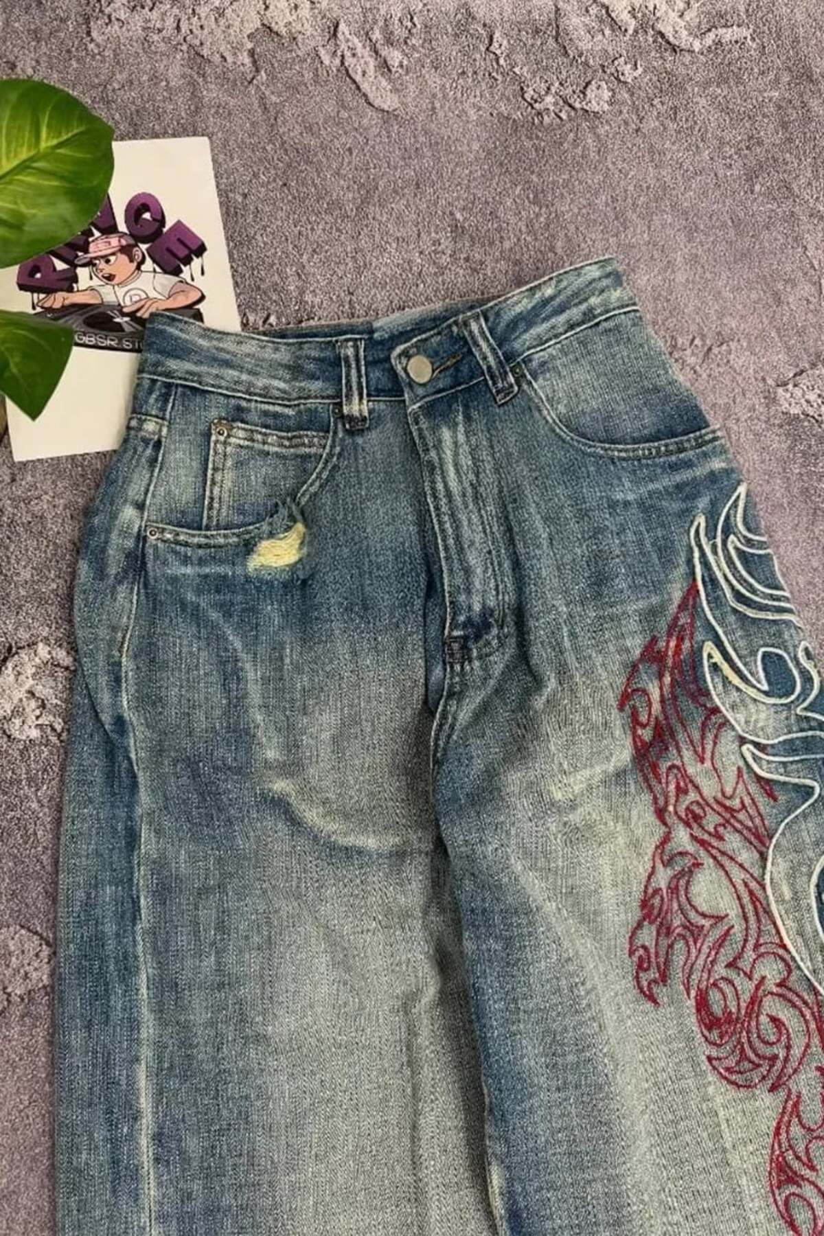 Karakedi  Mavi Taşlamalı Vintage Tribal Baskılı Baggy Pantolon - Görsel 3