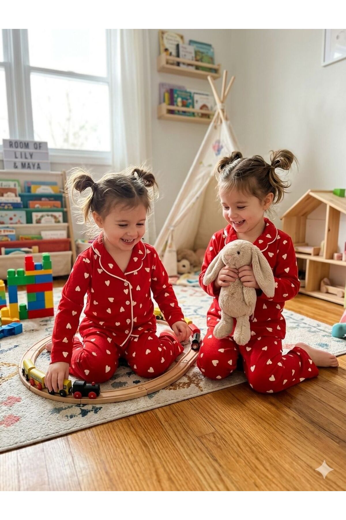 SERRASTIL Kız Çocuk Kırmızı Kalp Desenli Pamuklu Uzun Kollu Pijama Takımı fotoğrafı 2 (önizleme)