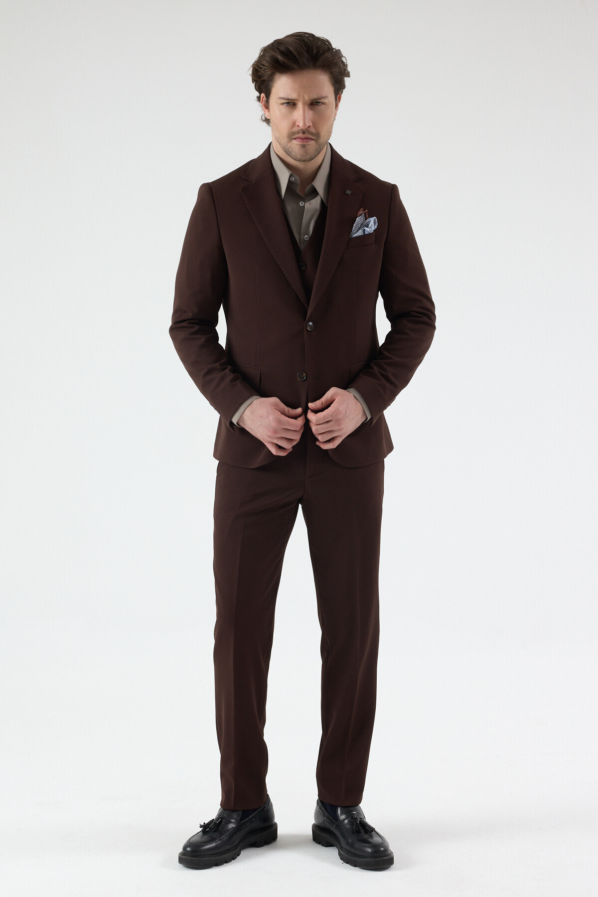 Frappoli Pique Men's Brown Poly Viscose Fabric Knitted Jacket+Pants+ Vest Set Slim Fit Suit