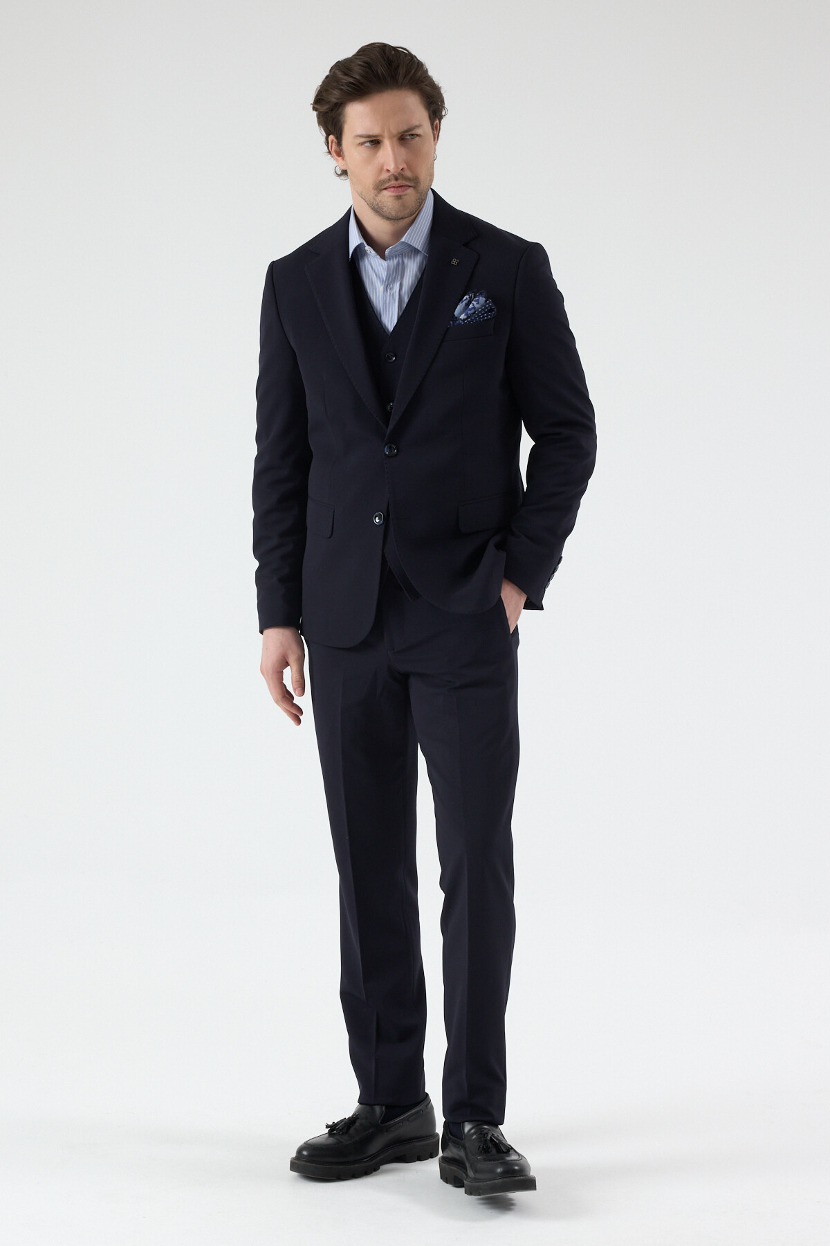 Pique Erkek Koyu Lacivert Poliviskon Kumaşlı Örme Ceket+Pantolon+Yelekli Slim Fit Takım Elbise — سرمه‌ای 6226 PİQUE