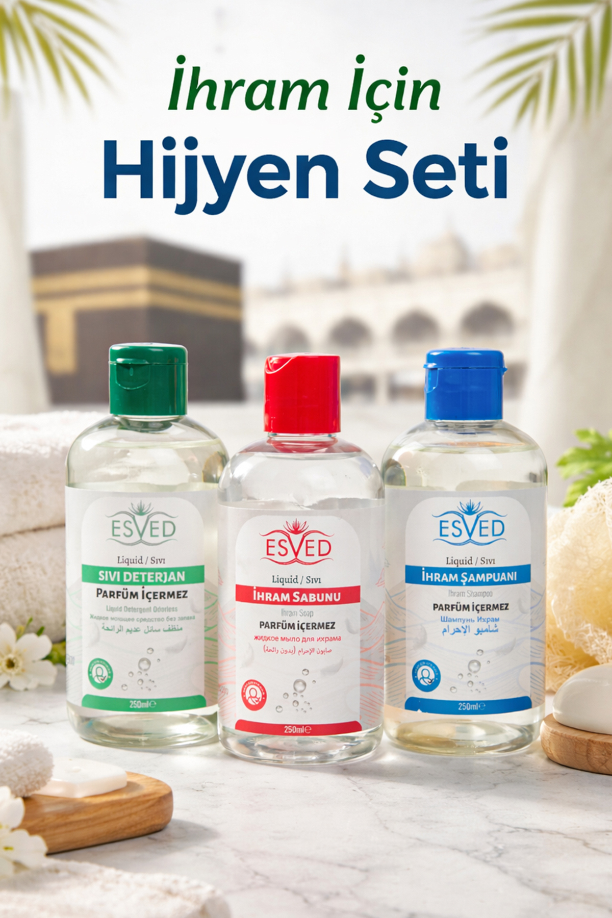ihvan online Hac ve Umre İçin İhrama Uygun Parfümsüz Hijyen Seti – Kokusuz Şampuan, Sabun ve Sıvı Deterjan — ihvn6558
