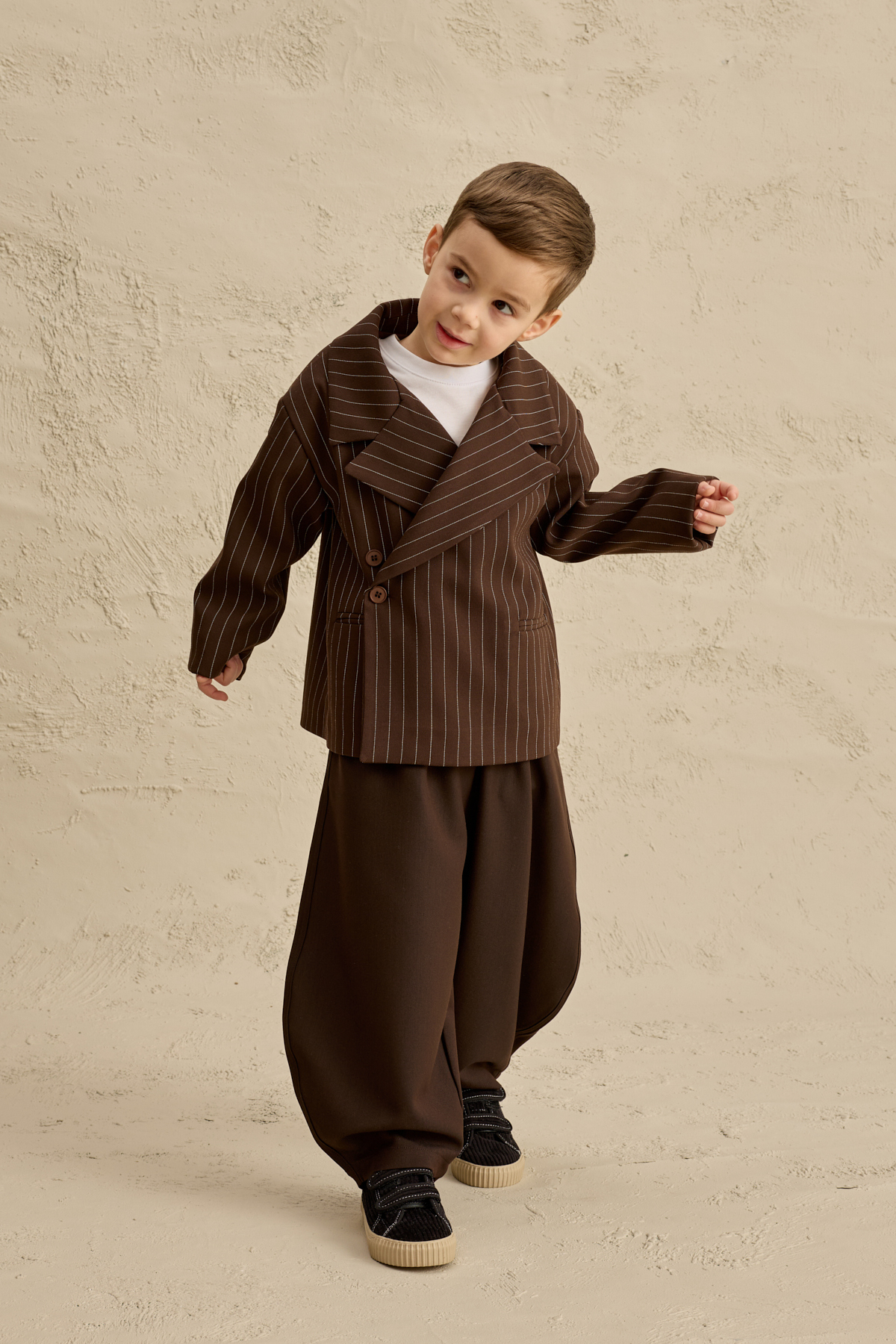 Fahhar Kids Geniş Yaka Çizgili Blazer Ceket Kahverengi fotoğrafı 4 (önizleme)