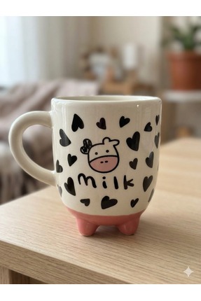 Palto Tasarım İnek Kupa 09 El Yapımı 3D Krem Parlak Kupa - El Yapımı Seramik ...