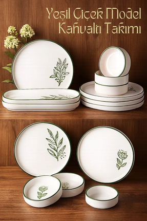 Ginza Maison 14 Parça 6 Kişilik Handmade Yeşil Çiçek Kahvaltı Takımı - Lüx Ka...