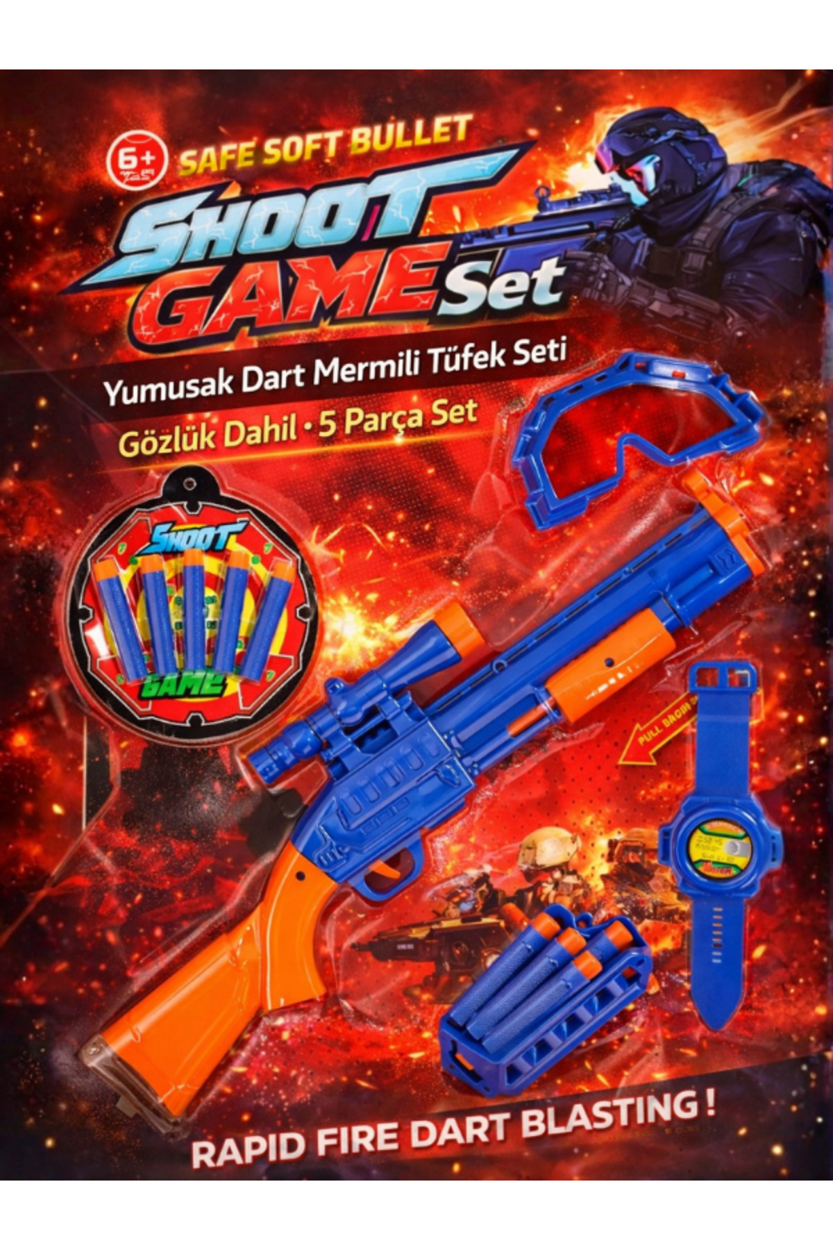 Oyuncak Tüfek Seti Yumuşak Dart Mermili Gözlük Dahil 5 Parça Çocuk Oyun Seti