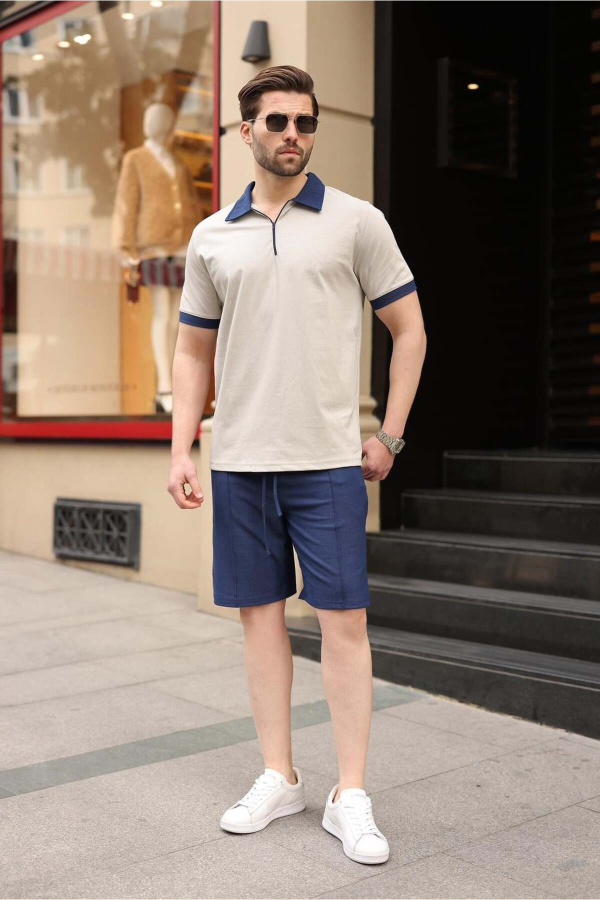 Madmext Painted Gray 100% Cotton Piece Polo Collar Shorts T-Shirt Set E7358