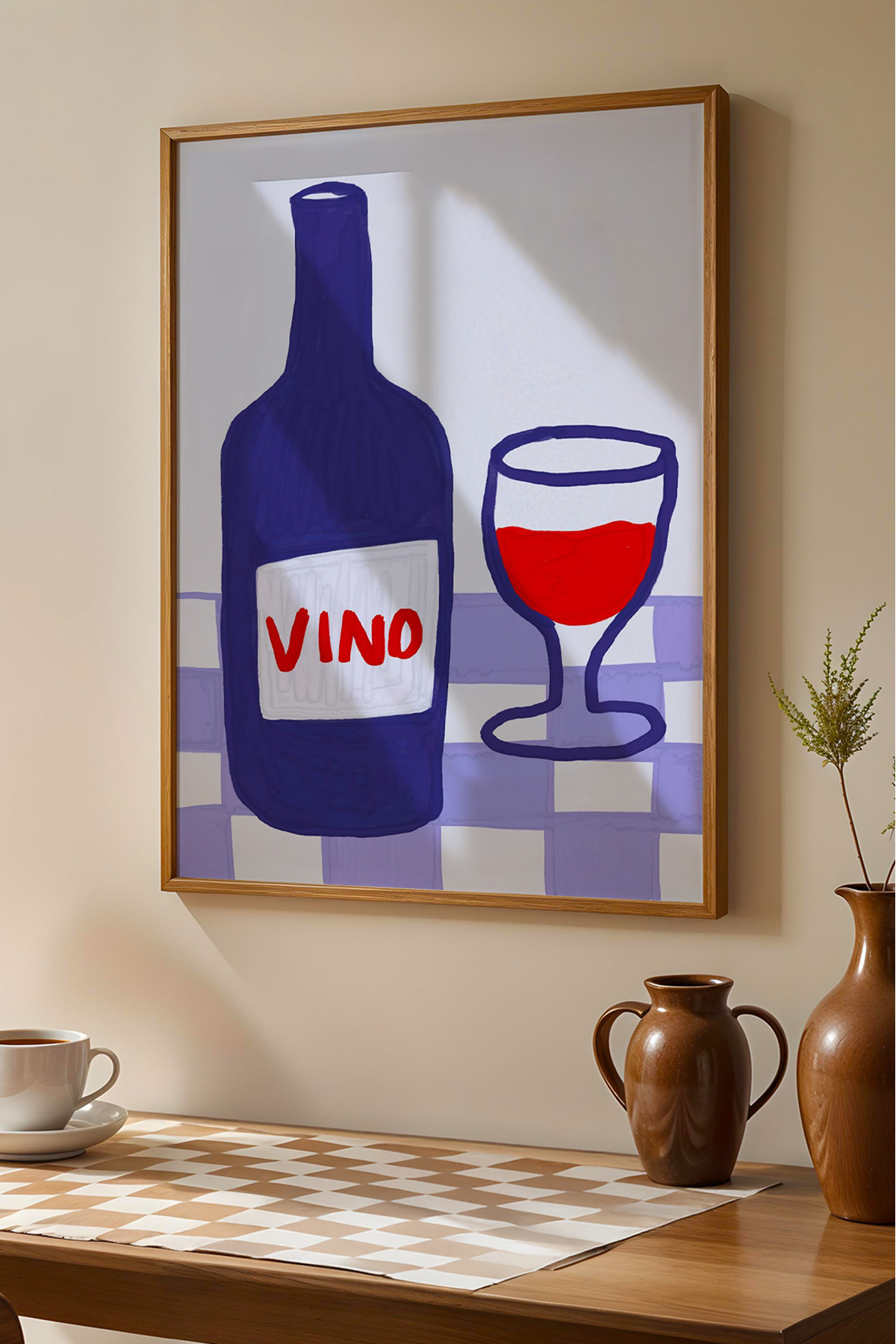 Şarap Şişesi ve Kadeh Tablo Modern Mutfak Poster VINO Yazılı Duvar Dekoru Çerçevesiz